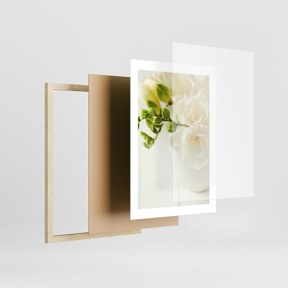 Plakat w ramie 30x40 - Subtelność białych frezji - frezja, białe - rama drewno