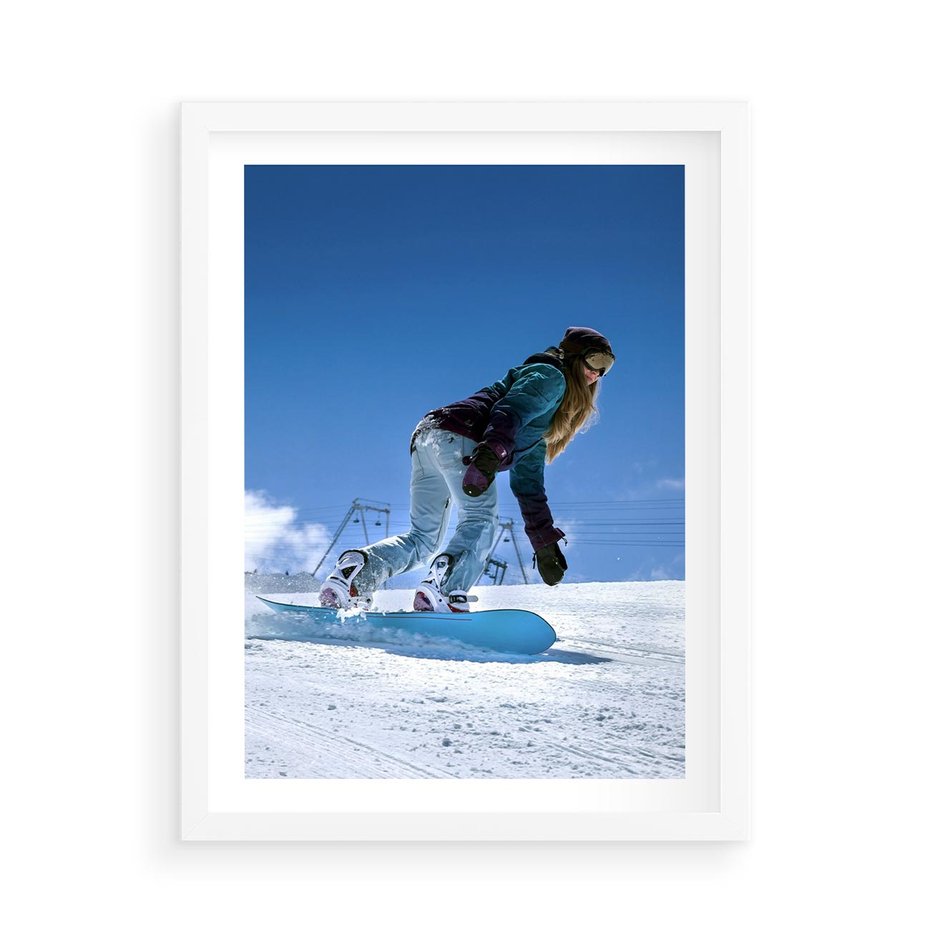 Plakat w ramie 50x70 - Snowboard na zimowych zboczach - snowboard, zima - rama biała