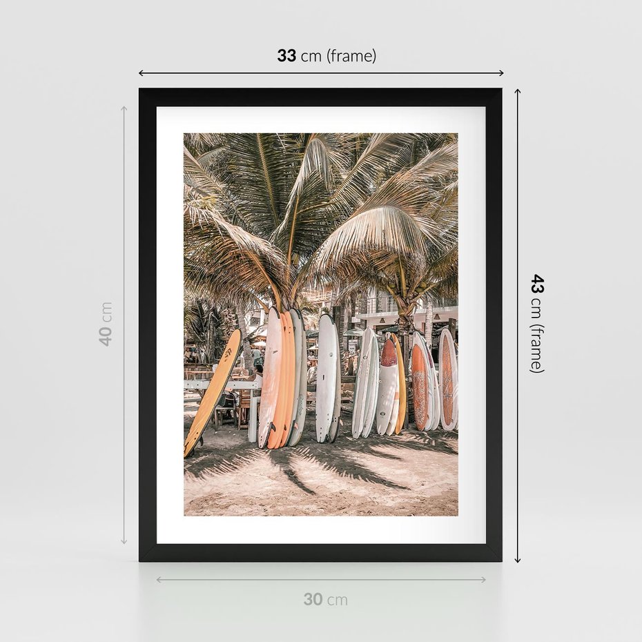 Plakat w ramie 30x40 - Surfingowy Raj - deski surfingowe, na plaży - rama czarna