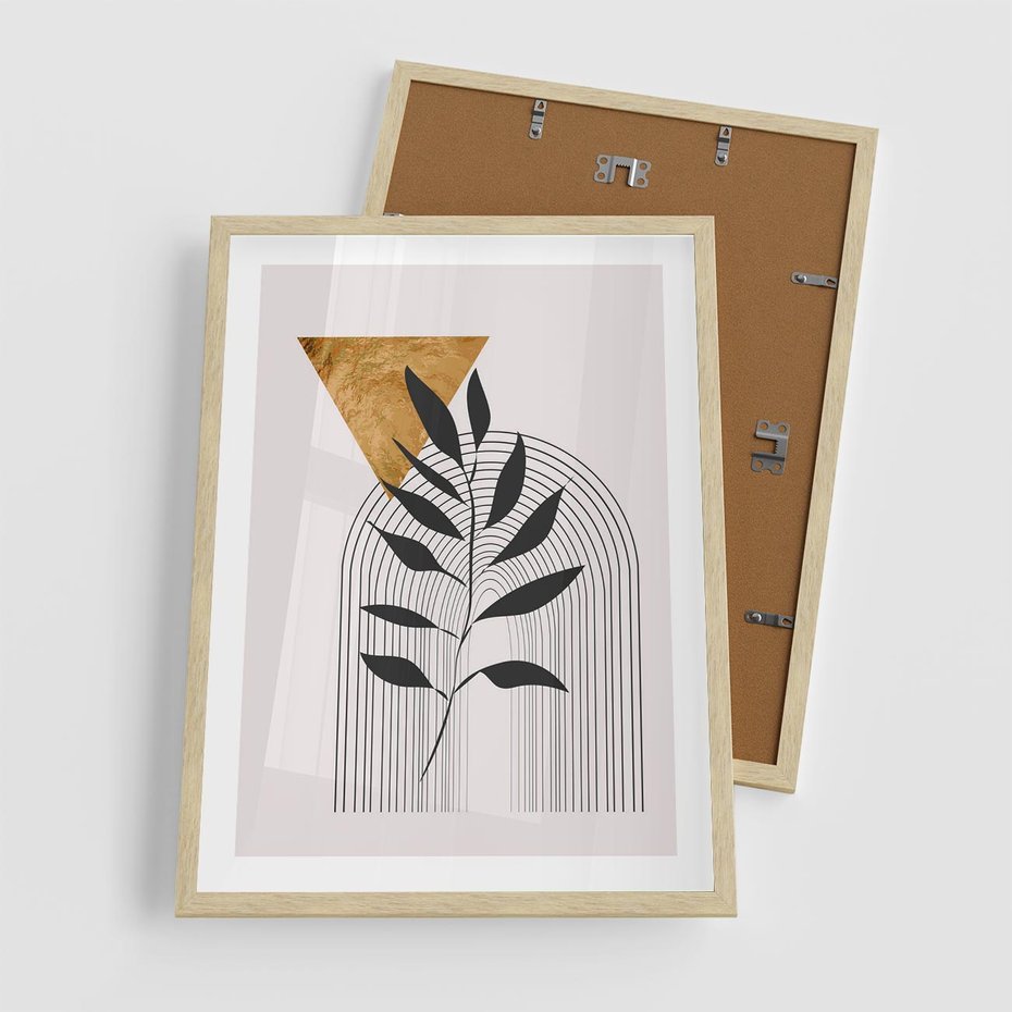 Plakat w ramie 50x70 - Geometria z Elementami Złota i Liści - grafika, złoto - rama drewno