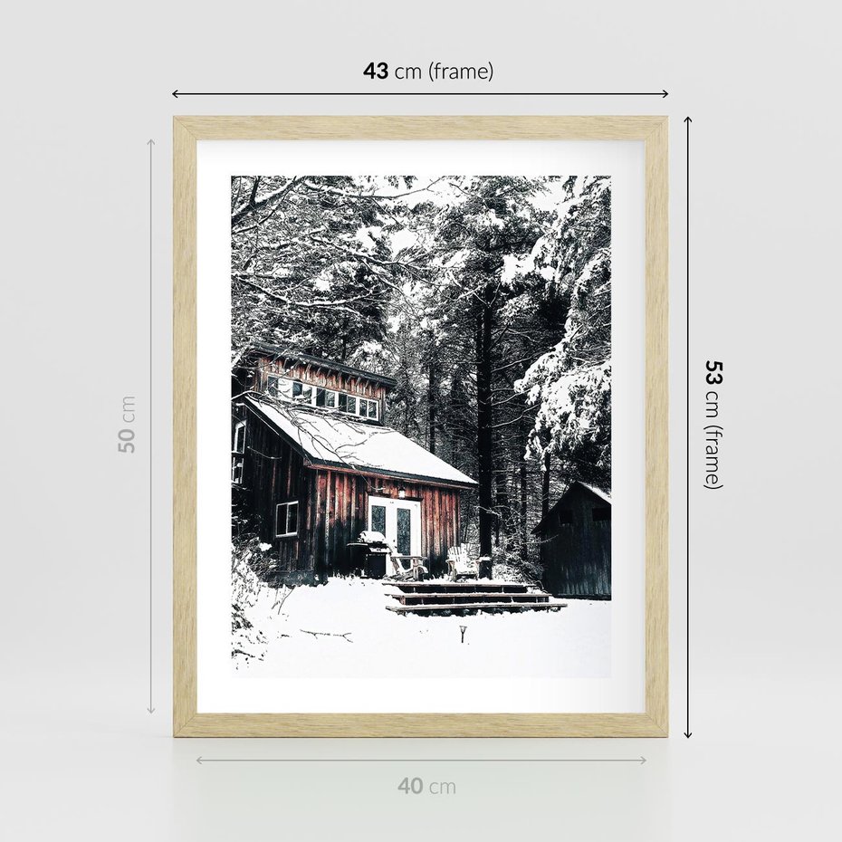 Plakat w ramie 40x50 - Zimowy Urok Drewnianego Domku - zima, drewniany domek - rama drewno
