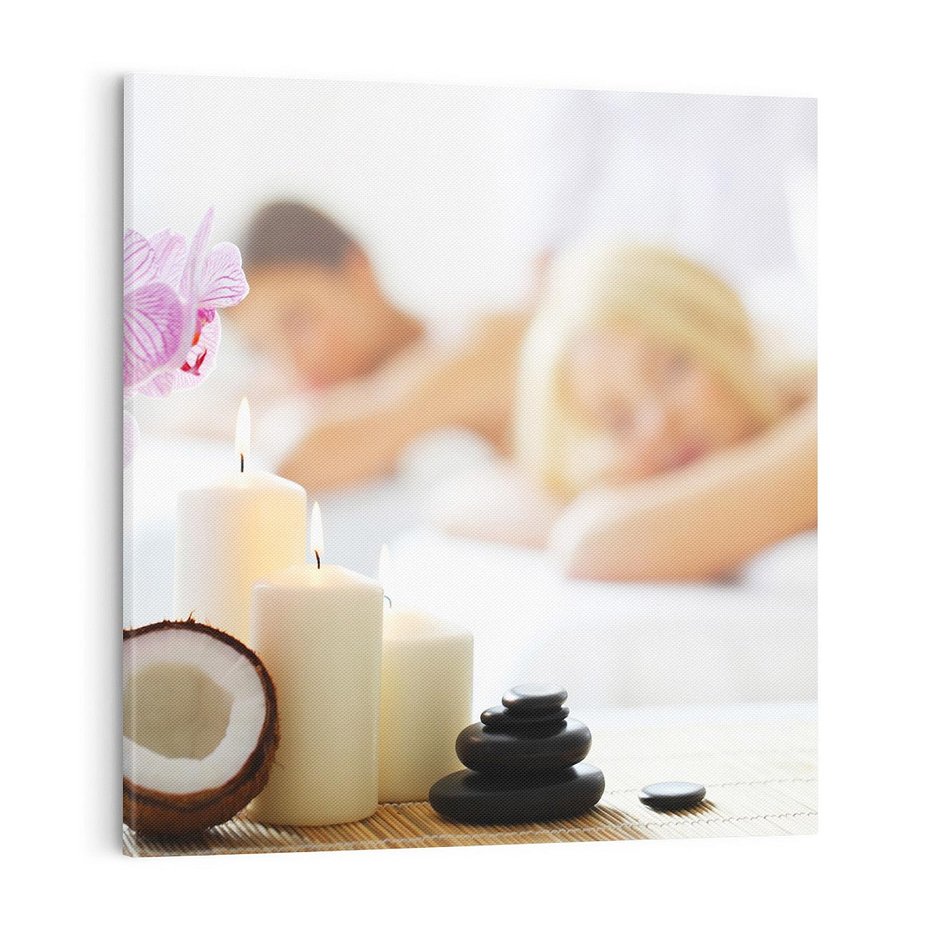 Obraz na płótnie 70x70 - Kokos, świece i kwiaty w SPA - kokos, świece