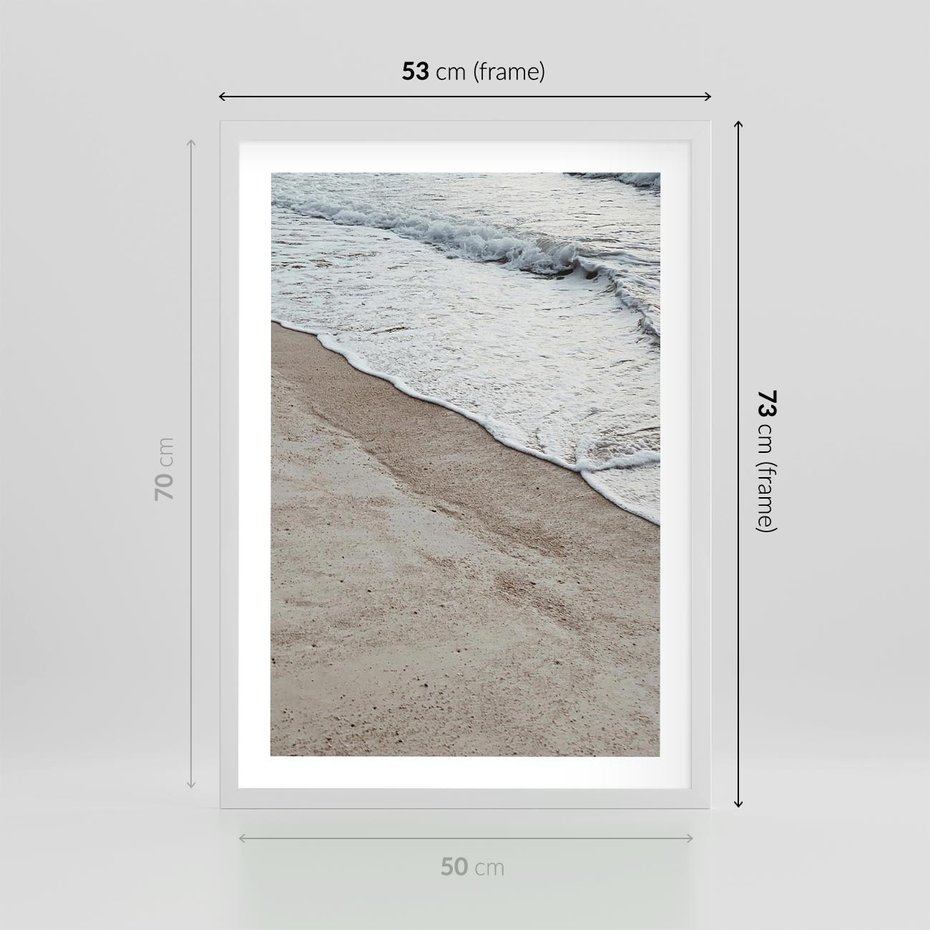 Plakat w ramie 50x70 - Brzeg Morza: Malownicza Plaża i Fale - morze, plaża - rama biała