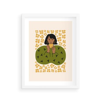 Plakat w ramie 30x40 - Wewnętrzne Fale - nowoczesny plakat, kobieta otoczona liśćmi - rama biała