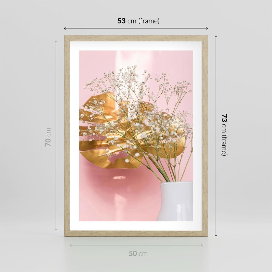 Plakat w ramie 50x70 - Złoty Akcent - złoty liść montery, gipsówka - rama drewno