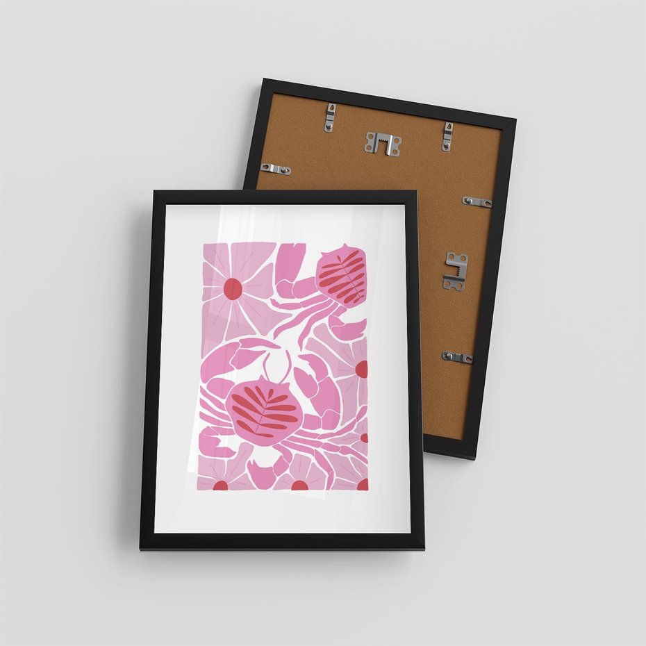 Plakat w ramie 30x40 - Roztańczone Kraby - różowe kwiaty i kraby, abstrakcyjna kompozycja - rama czarna