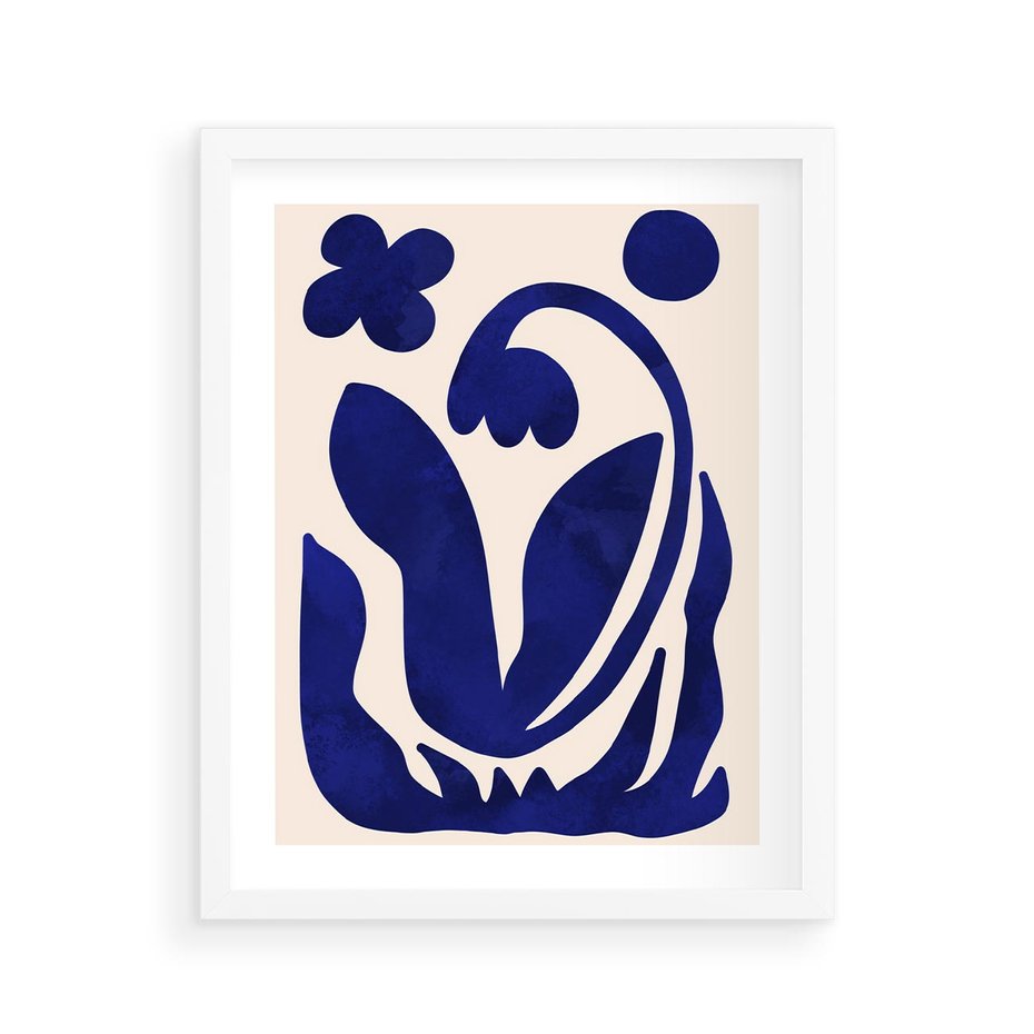 Plakat w ramie 40x50 - Bezgraniczne Echa Serca - abstrakcyjny obraz plakat, dziwne niebieskie kształty przypominają kwiat - rama biała