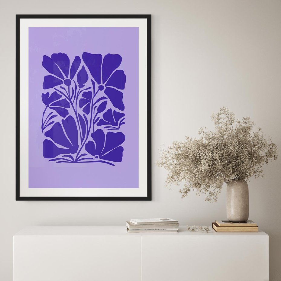 Plakat w ramie 40x50 - Migocące Boho Wibracje - kwiaty, energetyczne fioletowe tło - rama czarna