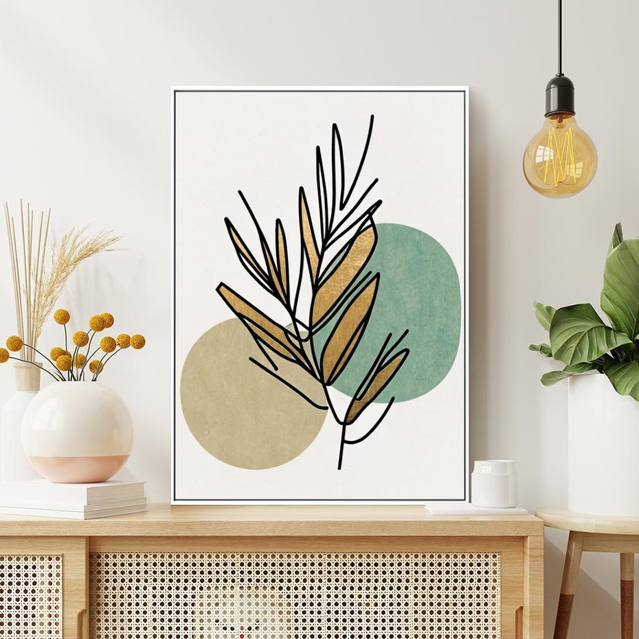 Obraz w ramie 80x120 - Migocące Ścieżki Wizji - abstrakcyjny obraz boho, liście - rama biała