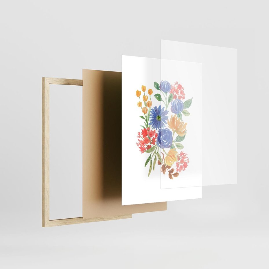 Plakat w ramie 30x40 - Kwiatowe Światło - akwarelowe kwiaty, bukiet - rama drewno