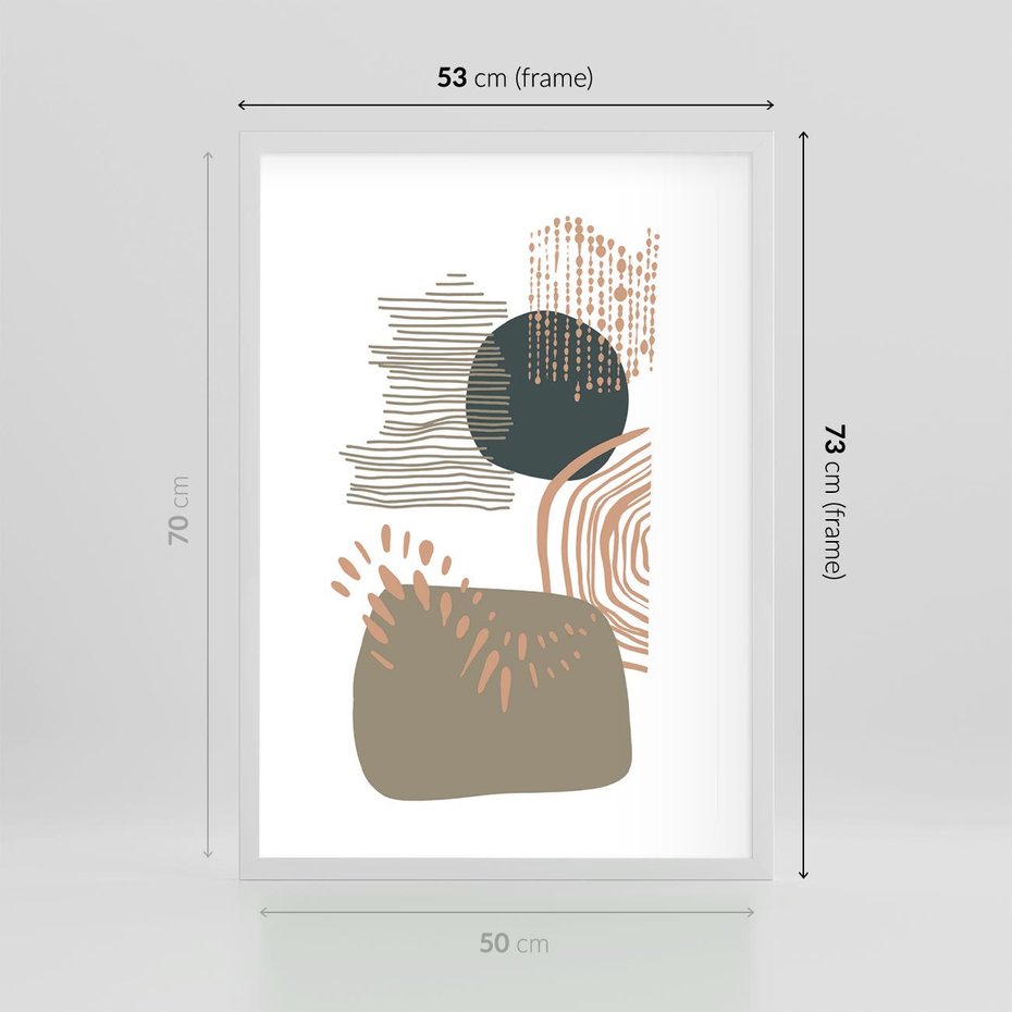 Plakat w ramie 50x70 - Taniec Plam - abstrakcyjna kompozycja z kropek kresek i kółek, odcienie brązu i beżu - rama biała