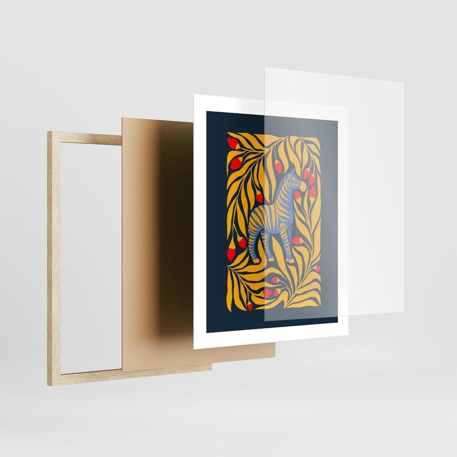 Plakat w ramie 40x50 - Wibracje Wyobraźni - zebra, granatowe tłó - rama drewno