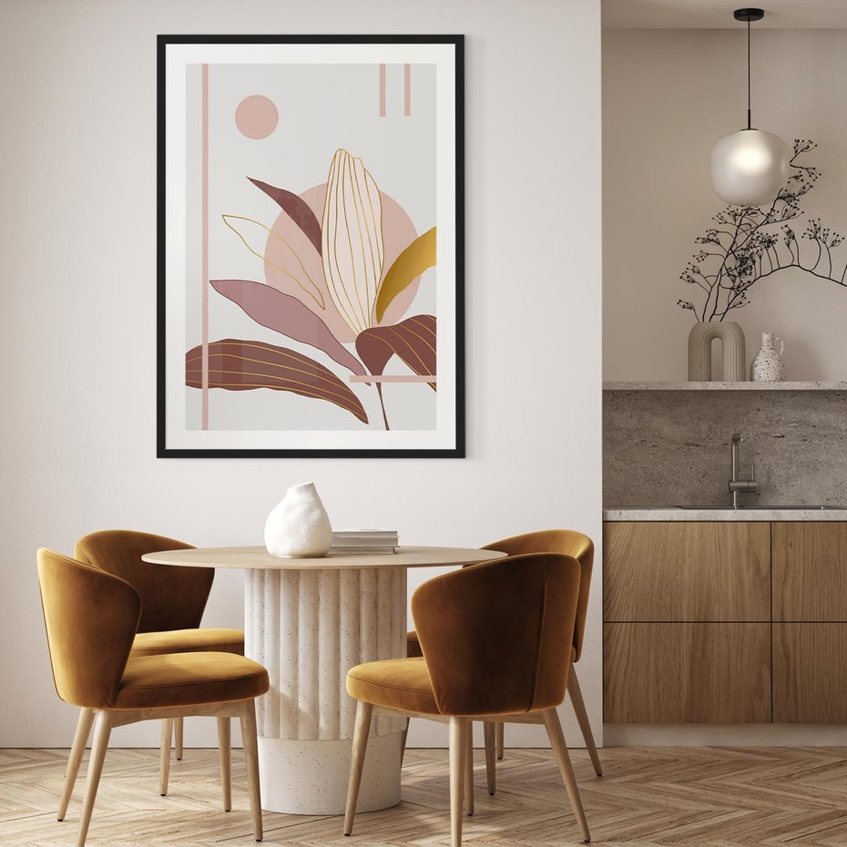 Plakat w ramie 30x40 - Pastelowa Uroda Natury: Kwiat z Złotymi Akcentami - pastelowa grafika, kwiat - rama czarna