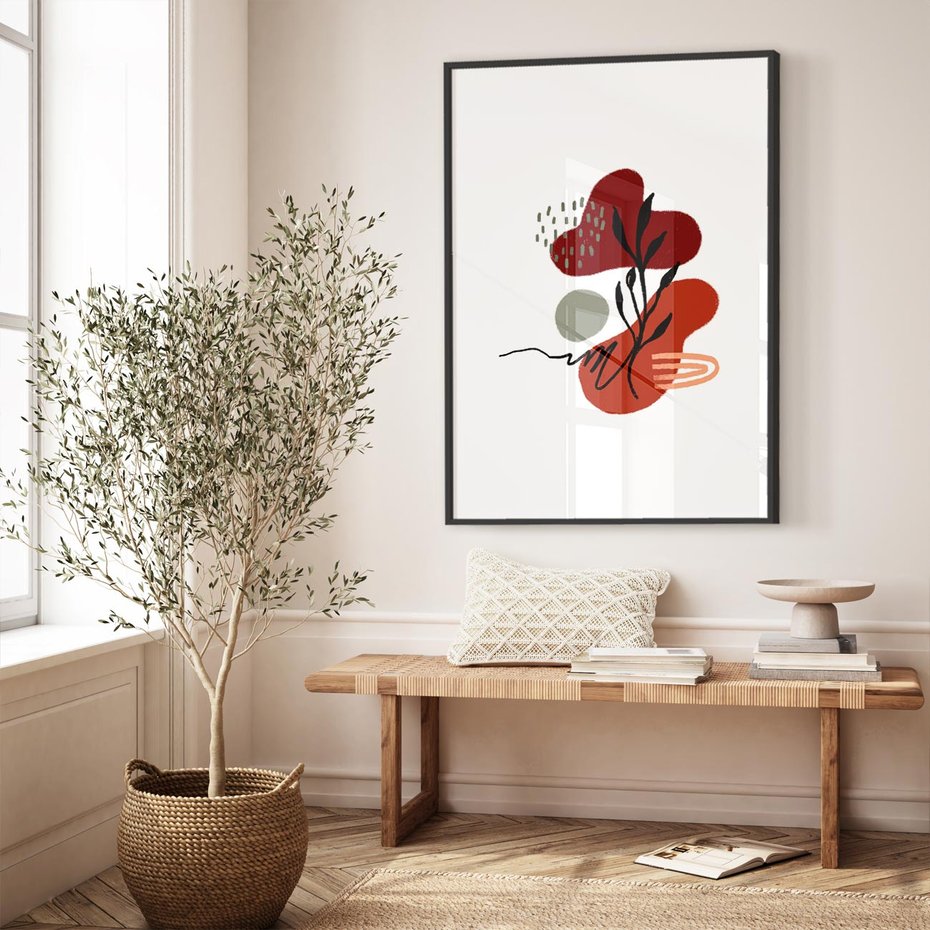 Plakat w ramie 50x70 - Migocące Kształty Liści - bstrakcyjna sztuka, boho kształty - rama czarna