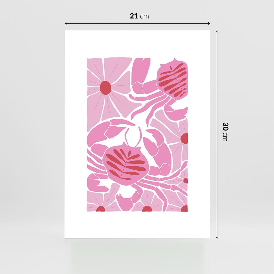 Plakat bez ramy 21x30 - Roztańczone Kraby - różowe kwiaty i kraby, abstrakcyjna kompozycja