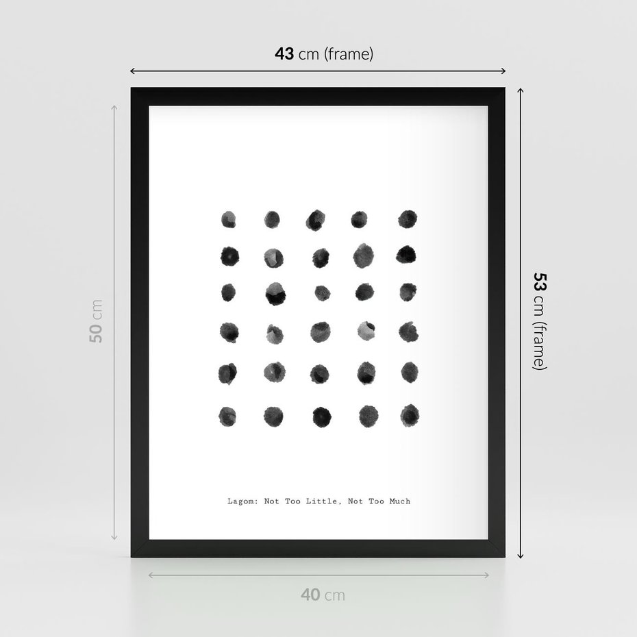 Plakat w ramie 40x50 - Boho Sztuka Wolości - minimalistyczny plakat, czarne kropki na białymtle - rama czarna