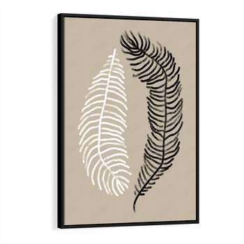 Obraz w ramie 50x70 - Spleciona Harmonia - sztuka nowoczesna, białe i czarne pióro - rama czarna