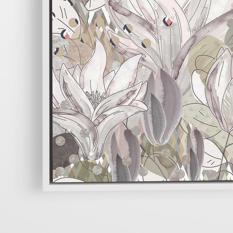 Obraz w ramie 70x50 - Pejzaże zatajonej duszy - połączenie tekstur, roślinne motywy - rama biała