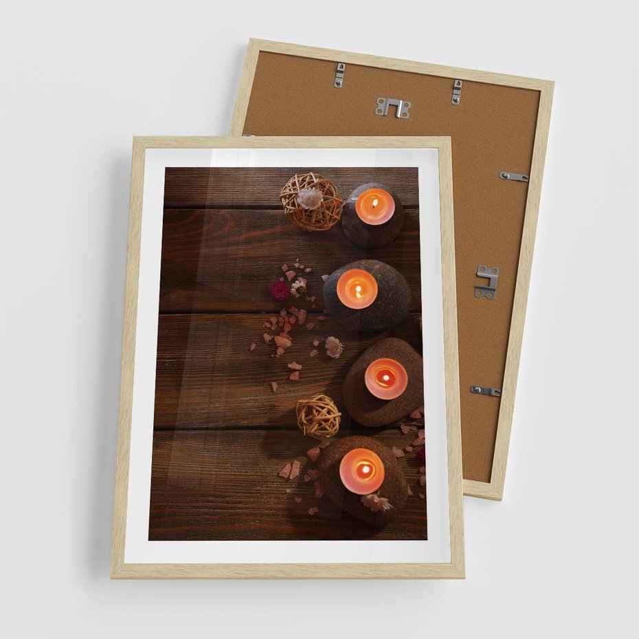 Plakat w ramie 50x70 - Relaksujące spa z pochodniami - spa, świece - rama drewno