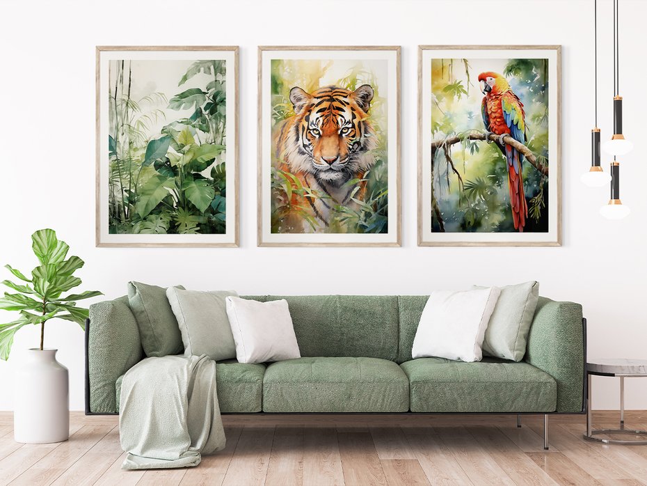 Zestaw obrazy w ramie 30x40 galeria - tropiki, liście, tygrys, papuga, dżungla - rama drewno