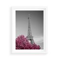Plakat w ramie 50x70 - Różowy Paryż - czarno białe zdjęcie, wieża eiffla - rama biała