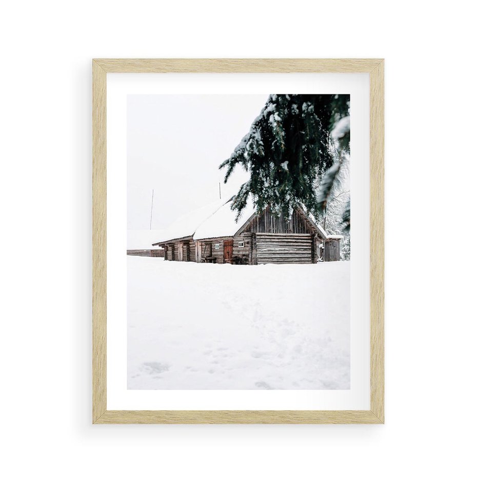Plakat w ramie 40x50 - Zimowy Azyl - domek w górach, śnieg - rama drewno