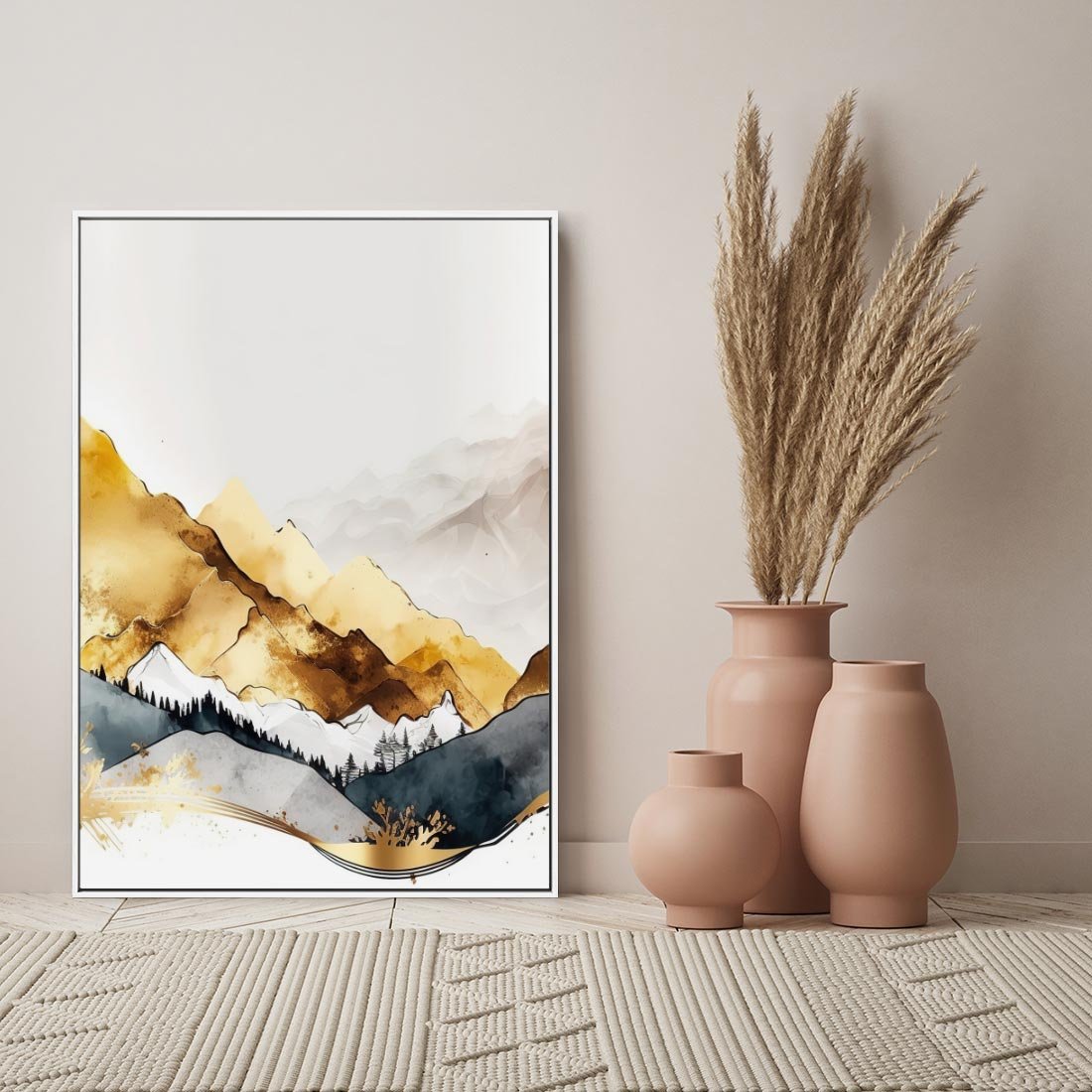 Obraz w ramie 80x120 - Złote Góry - akwarela, graficzne góry - rama biała
