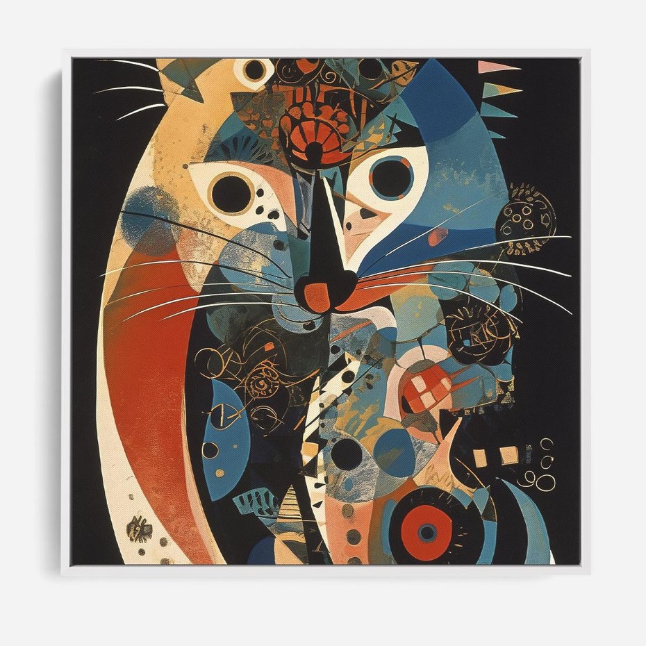 Obraz w ramie 50x50 - Księga Surrealnych Wymiarów - abstrakcyjny obraz olejny, kot - rama biała