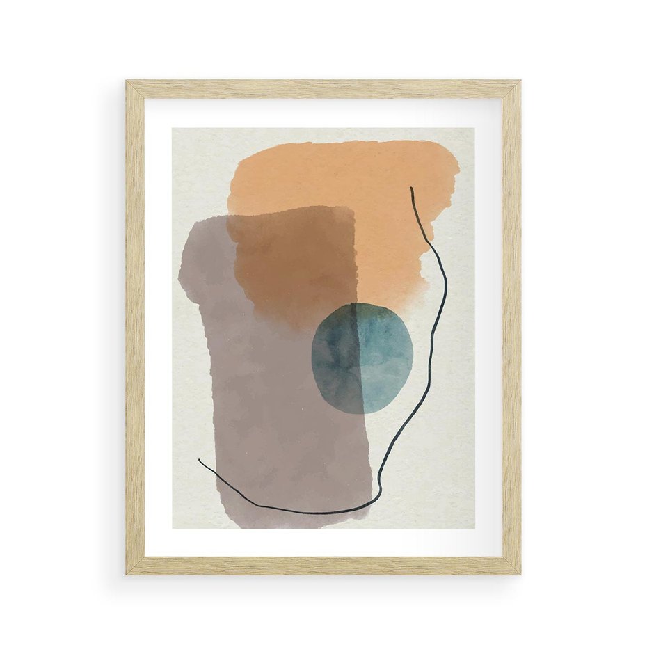 Plakat w ramie 40x50 - Rozkwitająca Akwarelowa Inspiracja - geometryczne elementy, stonowane ziemiste kolory - rama drewno