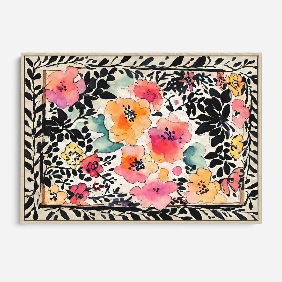 Obraz w ramie 70x50 - Opowieść w kroplach farb - akwarelowe kwiaty, mocna ornamentowa czarna ramka namalowana dookoła obrazu - rama drewno