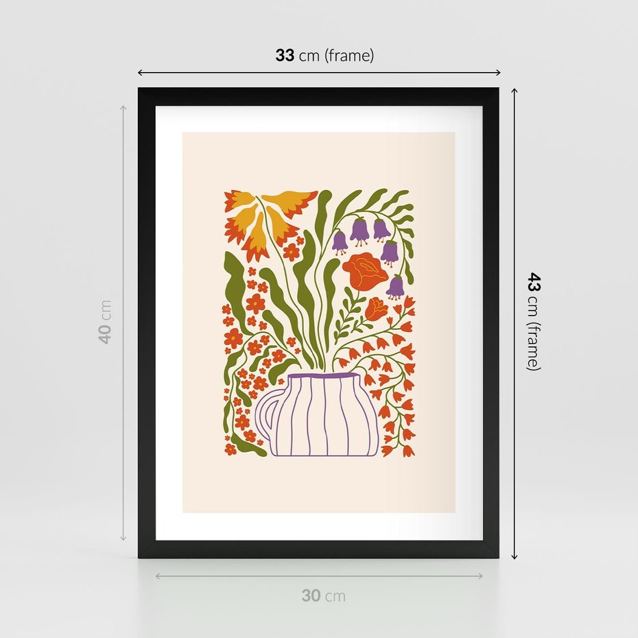 Plakat w ramie 30x40 - Świeżość Kwiatów - kwiaty w wazonie, minimalistyczna kompozycja - rama czarna