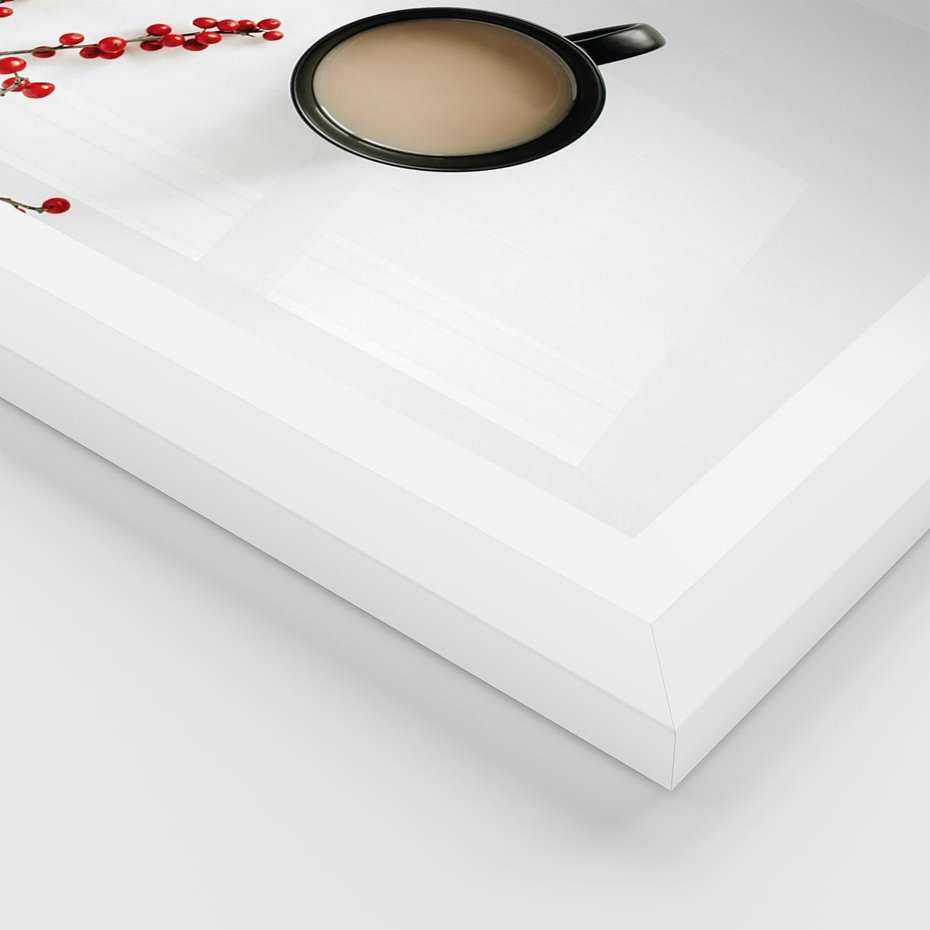 Plakat w ramie 30x40 - Filiżanka Kawy z Gałązką Jarzębiny - kawa, gałązka jarzębiny - rama biała