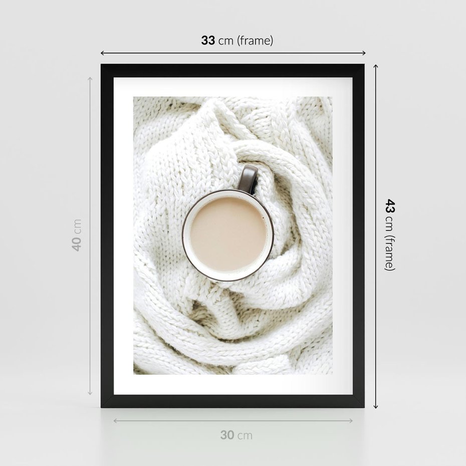 Plakat w ramie 30x40 - Kawa na Wełnianym Kocu - kawa, biały wełniany koc - rama czarna