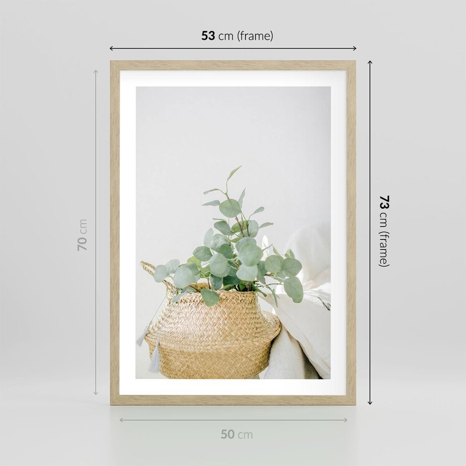 Plakat w ramie 50x70 - Eukaliptusowa Świeżość - eukaliptus, liście w koszu z wikliny - rama drewno