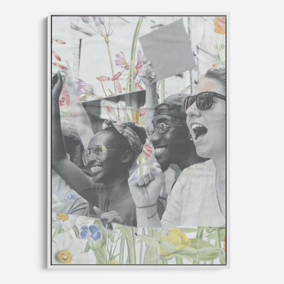 Obraz w ramie 80x120 - Księga zaklętych marzeń - kolaż, czarnobiałe zdjęcie wesołych młodych ludzi - rama biała