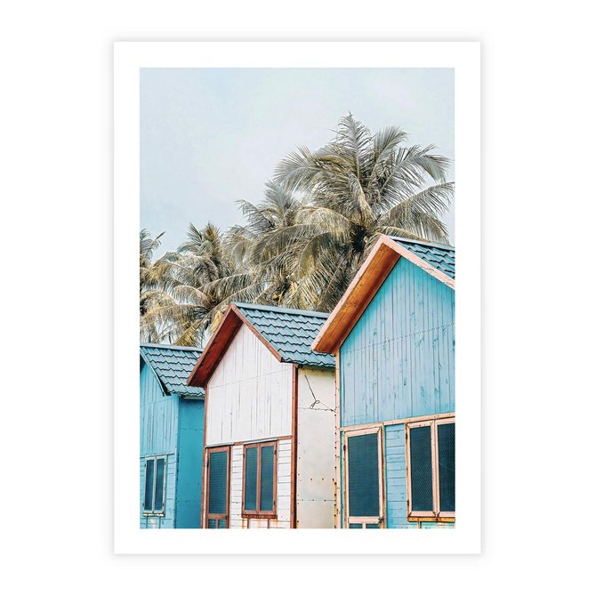 Plakat bez ramy 21x30 - Rajskie Wakacje - domki na plaży, błękitne domki