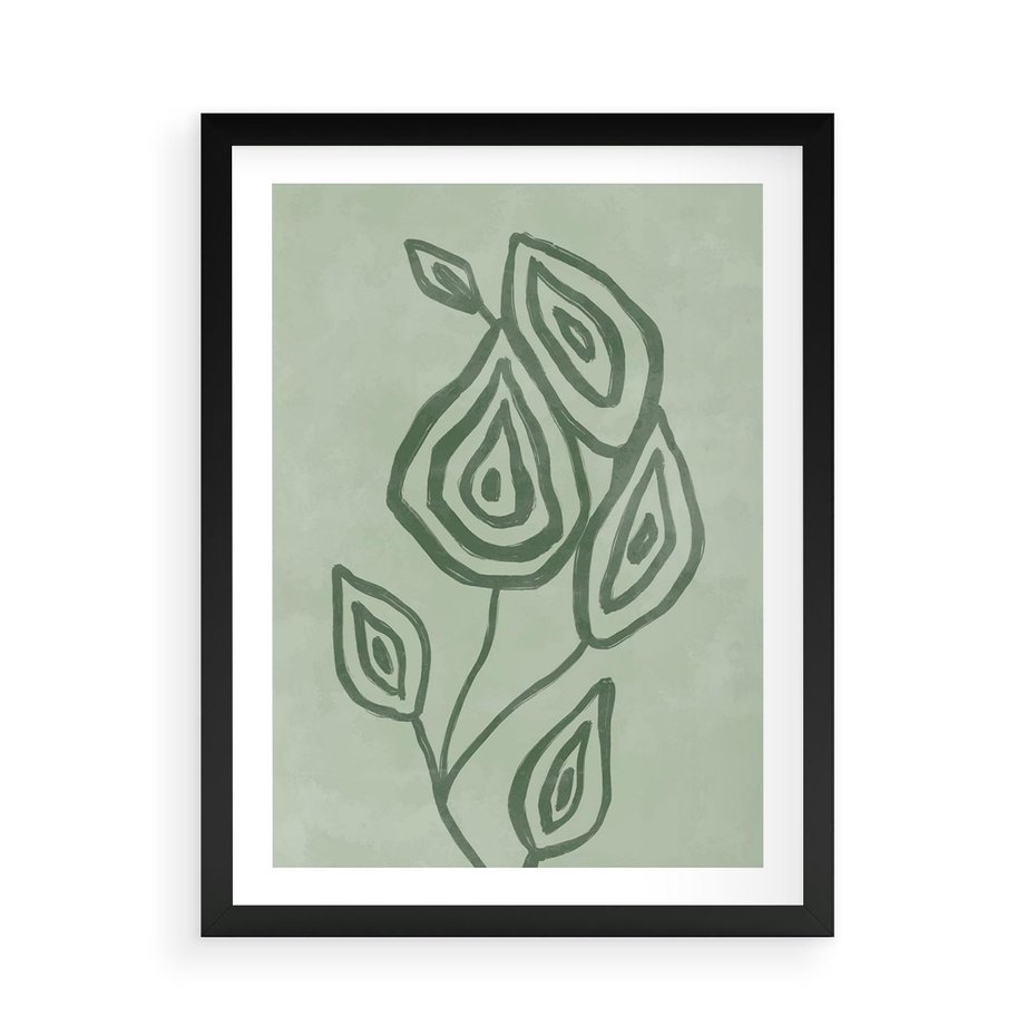 Plakat w ramie 50x70 - Szmaragdowy Oddech - abstrakcyjne delikatne zielone linie, podobne do gałęzi kwiatów - rama czarna