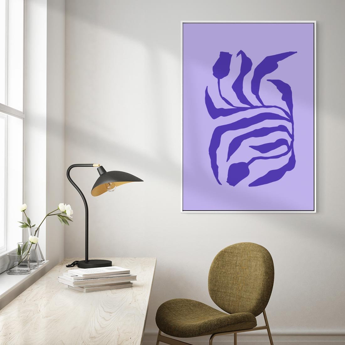 Obraz w ramie 50x70 - Boho Sztuka Wolności - kwiaty, energetyczne fioletowe tło - rama biała