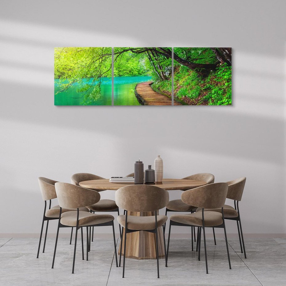 Obraz na płótnie 90x30 - Spokój nad jeziorem: Zatop się w naturze - jezioro, drzewa