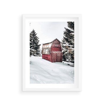 Plakat w ramie 50x70 - Domek w Śnieżnych Górach - domek, góry - rama biała