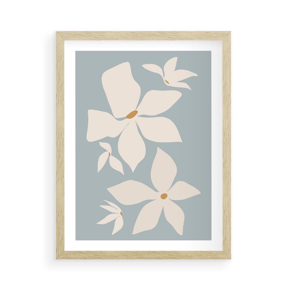 Plakat w ramie 50x70 - Błękit Kwiatów - kwiaty, nowoczesne i minimalistyczne - rama drewno