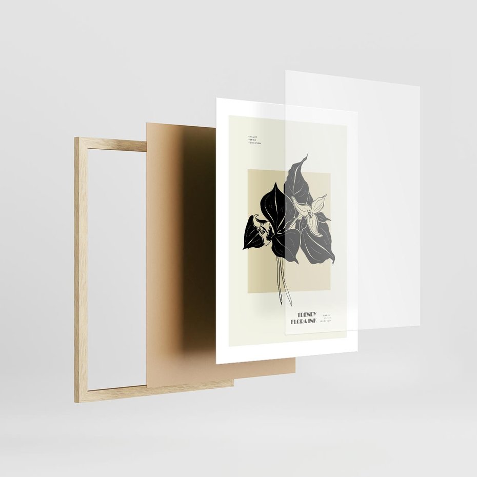 Plakat w ramie 30x40 - Ekspresja w szkicowanych kształtach - kwiaty, typografia - rama drewno