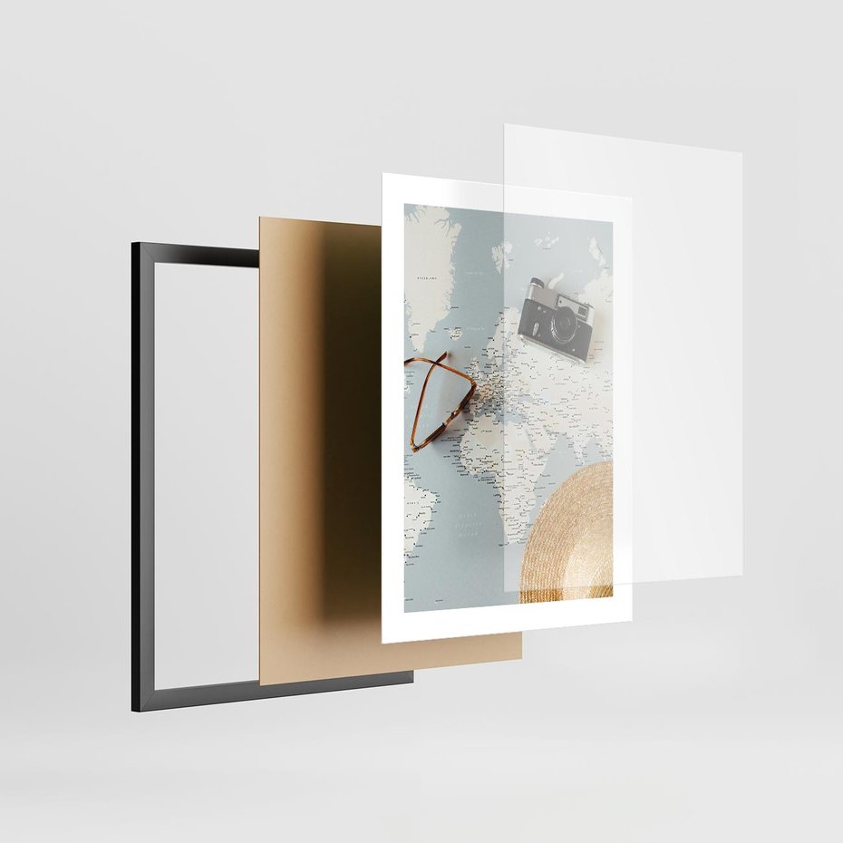 Plakat w ramie 30x40 - Świat w Kadrze - mapa, aparat - rama czarna