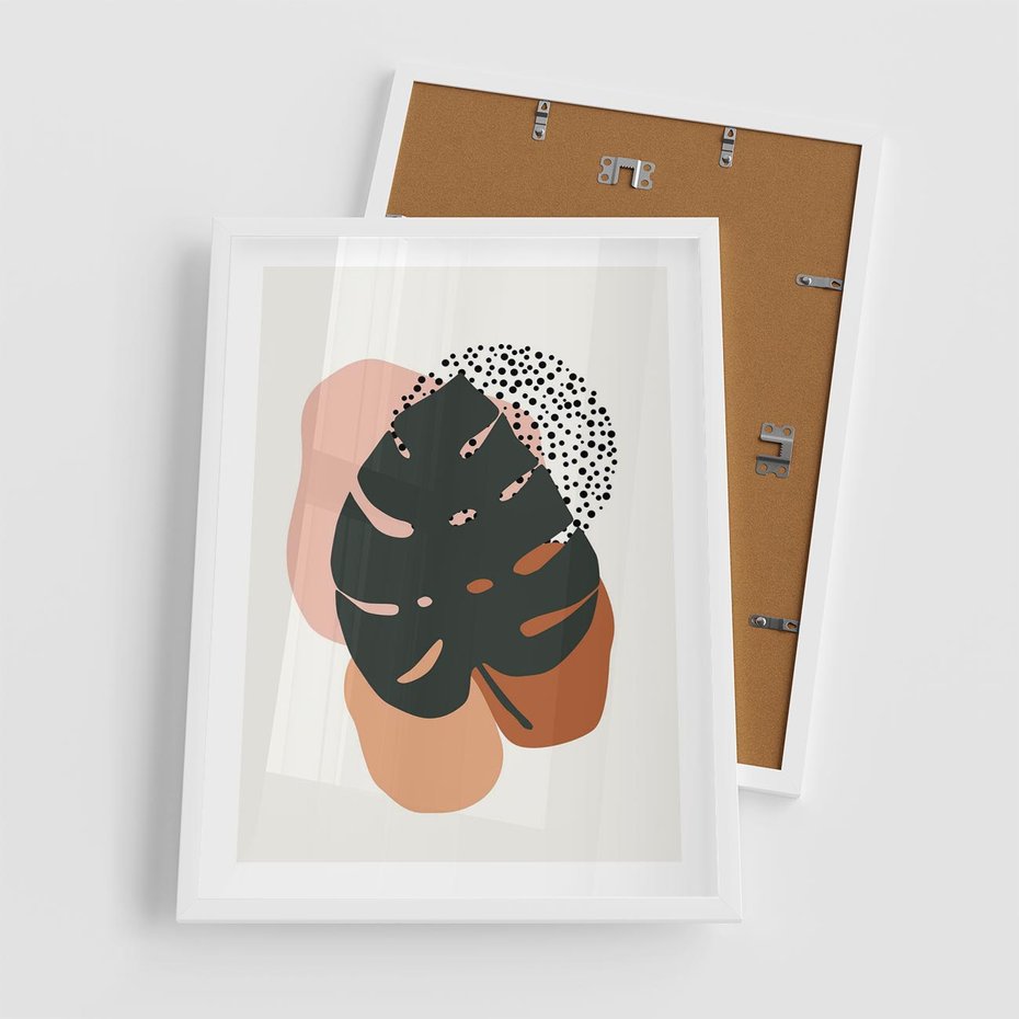 Plakat w ramie 50x70 - Minimalizm w Liściach Monstery: Plamy i Kropki - minimalizm, monstera plamy - rama biała