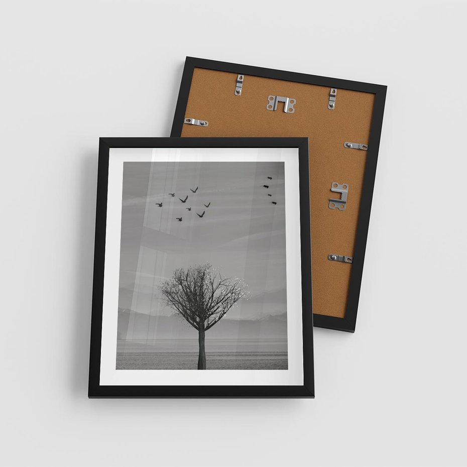 Plakat w ramie 40x50 - Samotne Drzewo - samotne drzewo w polu, czarno białe zdjęcie - rama czarna