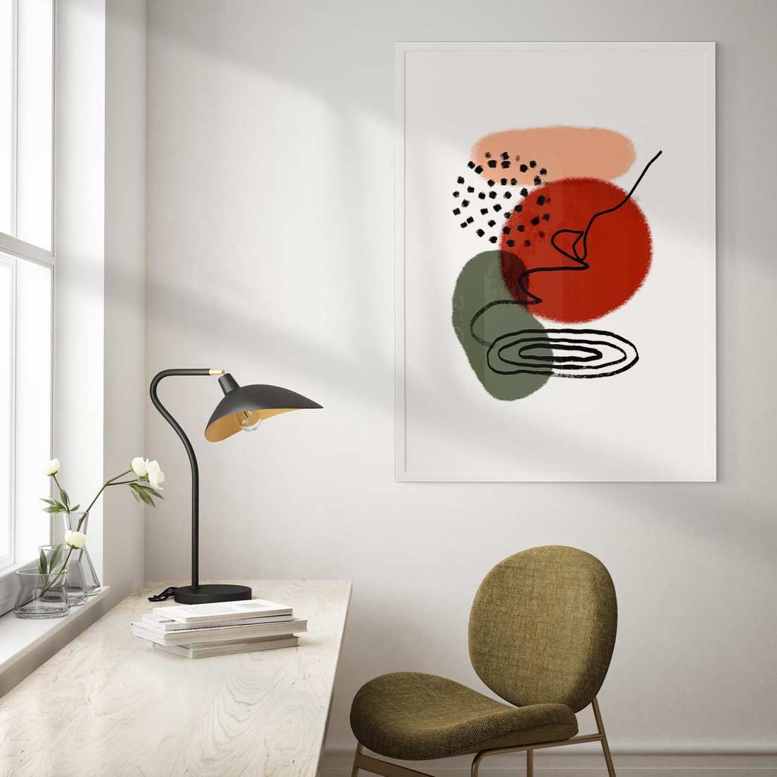 Plakat w ramie 40x50 - Boho w Brązie - abstrakcyjna sztuka, boho kształty - rama biała