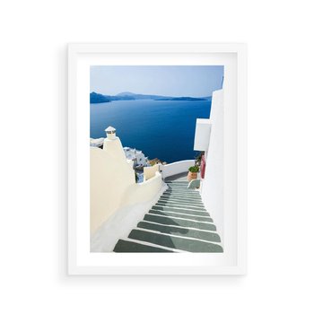 Plakat w ramie 50x70 - Malowniczy urok wyspy - Santorini, schodki - rama biała