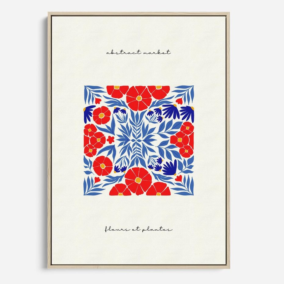 Obraz w ramie 50x70 - Tajemnicza Droga - nowoczesna kwiatowa kompozycja, czerwony i niebieski - rama drewno