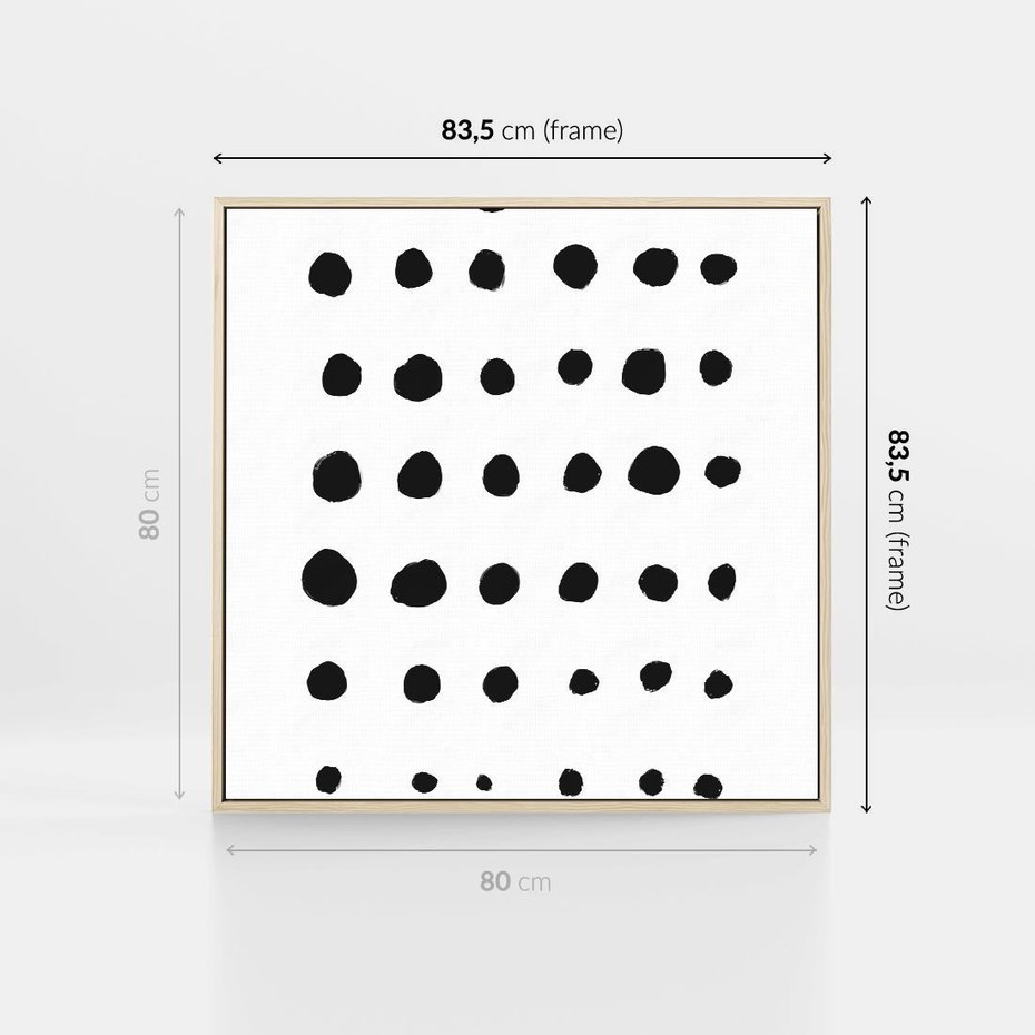 Obraz w ramie 80x80 - Refleksje Światła - minimalistyczna kompozycja, czarne kropkina białym tle - rama drewno