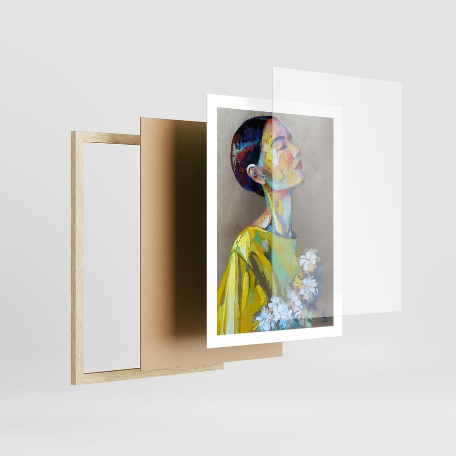 Plakat w ramie 50x70 - W Żółtej Sukience - olejny abstrakcyjny obraz, portret kobiety w żółtej sukience - rama drewno